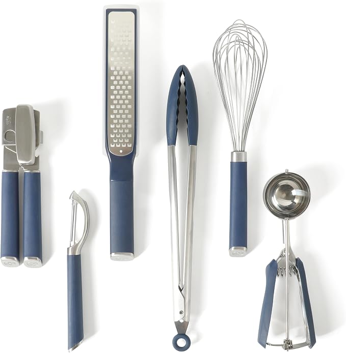 Calphalon Edge 6-Piece Stainless Steel Kitchen Tool & Gadget Set, Kitchen Utensil Set with Silicone Accent, Can opener, Straight peeler, Grater, Tongs, Balloon whisk and Scoop (Navy Blue) by Unknown