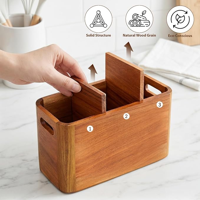 Kitchen Utensil Holder for Counter and Countertop, Acacia Utensil Organizer for Wooden Spoon Set, Large Drying Holder for Kitchen, 3-Compartment Storage for Cooking Utensils, Kitchen Decor - Image 7
