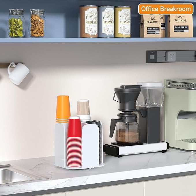 Beego Rotatable 4-Compartment White Acrylic Cup Dispenser - Coffee Station Cup and Lid Carousel Countertop Plastic Cup Holder for Restaurant Breakroom Coffee Bar - Image 3