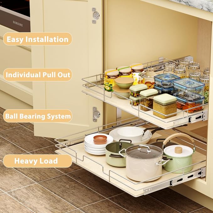 ROOMTEC 2 Tier Individual Pull Out Cabinet Organizer 31½"W x 21½"D, Slide Out Wood Shelves Organizers, Pull Out Drawers Organization and Storage for Kitchen Cabinet - Image 5