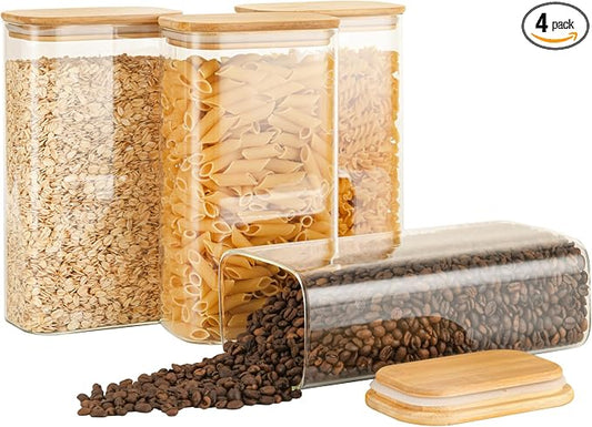 D2scrma 56oz Rectangle Airtight Glass Storage Containers with Bamboo Lids (Set of 4), Square Food Storage Jar, Pantry Organizers for Oats, Cereal, Pasta and Coffee beans (‎with Black Lable) by Delicatedtoservicecustomer