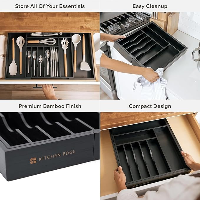 Silverware & Utensil Drawer Organizer, 16-28 in, Black Bamboo | Cutlery, flatware, food-safe contract grade, kitchen drawer fit - Image 3