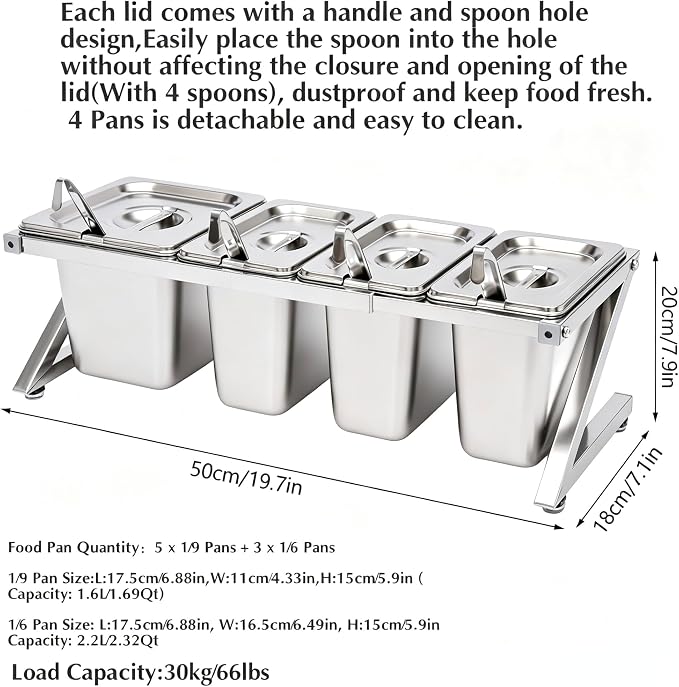 Telescoping Pizza Topping Station Container Food Prep Condiment Holder | Stainless Steel Container Set Spice Rack with 4 Pans & 4* Spoons & Lids, Food Truck Kitchen Buffet Pizza Oven Accessories - Image 5