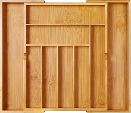BAMEOS drawer organizer flatware organizer cutlery tray silverware organizer expandable adjustable bamboo drawer organizer kitchen bathroom by BAMEOS