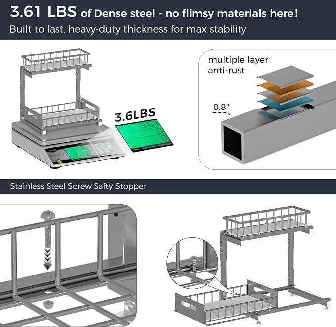 L-Shaped Under Sink Organizer, 2-Tier Pull-out Cabinet Rack 1-Pack | Grey Height-Adjustable Metal Rack, Sliding Grid Drawers with Safety Stopper, Holds 100 Lbs, Ideal Kitchen Cabinet Storage - Image 4