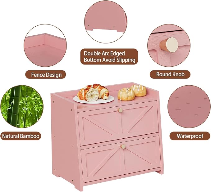 Trironsun Vintage Double Layer Bread Box for Kitchen Counter Bamboo Bread Storage Container Large Capacity Bread Storage Bin (Pink) - Image 8