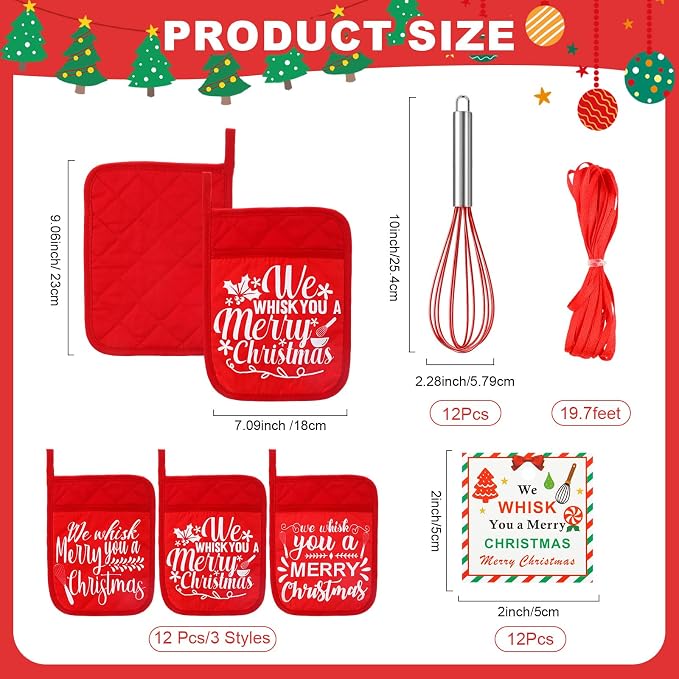 LemonRoad 12 Sets Christmas Whisk Baking Gift Set Xmas Silicone Whisks Oven Mitt Pot Holder Greeting Cards Ribbon Bags for Holiday Kitchen Utensils Cooking Supplies Neighbor Gift(Classic,Red) - Image 2