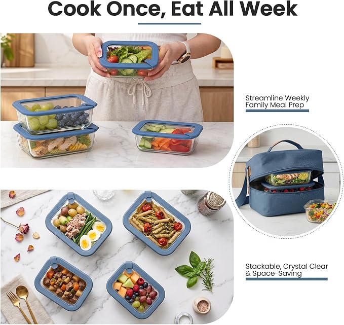 Taree Glass Food Storage Containers with Glass Silicone Lids,22/35oz, Blue | Meal prep,office lunches&eftover storage,borosilicate glass,microwave safe reheating with steam vent,BPA free,dishwasher safe - Image 7