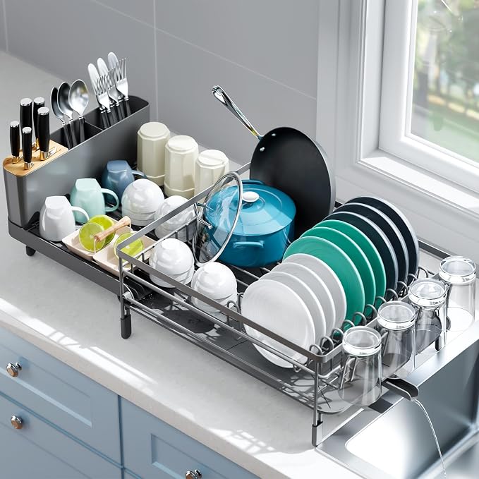 Urackify Extendable Dish Drying Rack, 18.5"-26.7" L x 12.7" W, Gray | Multifunctional large dish rack with cup holder and built-in cutlery holder for versatile drying needs by Urackify