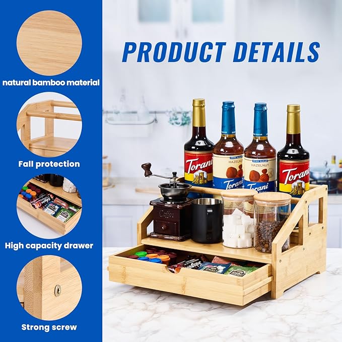 Bamboo Coffee Syrup Rack Organizer 3 Tier Rack with Cup Storage Box, Bottle Holder Stand for Syrups, Dressings, Kitchen Coffee Station, Natural - Image 3