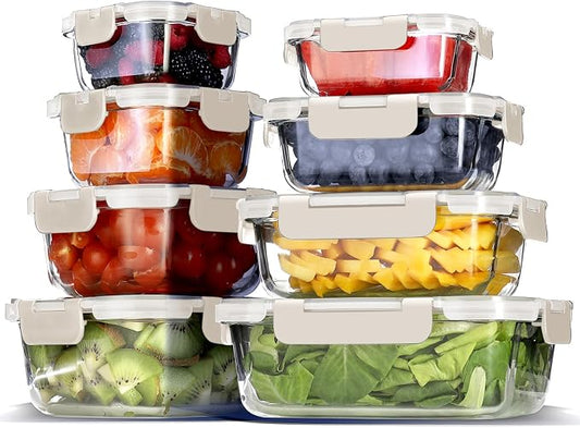 EATEX 16pc Glass Storage Containers with Lids, 8 Glass Food Storage Containers with 8 Airtight Lids for Pantry & Kitchen, Meal Prep Containers for Lunch, Oven Freezer Microwave & Dishwasher Safe by Eatex