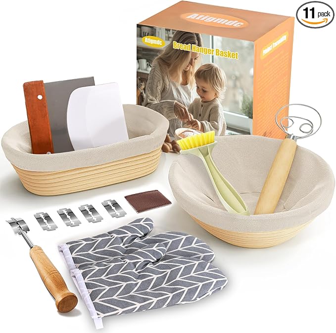 Sourdough Starter Kit Banneton Bread Proofing Basket Baking Set Gift with Heat-Resistant Gloves,Sourdough Baskets Sourdough Tools, Includes 9-inch Round and 10-inch Oval Bread Making Tools by Unknown