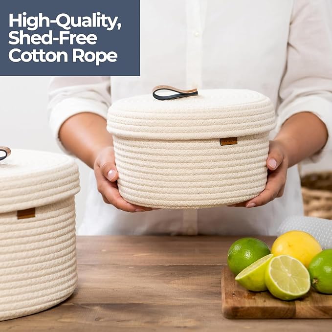 DENJA & CO Set of 2 Decorative Storage Baskets with Lids - Round Woven Baskets for Home Decor and Organizing - Small Shelf Baskets with Leather Tabs and Handles - Decorative Storage and Organizer Bins - Image 4