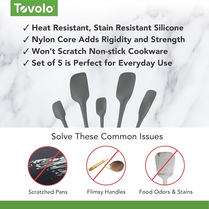 Tovolo Flex Core 5 Piece Silicone Spatula Set Heat Resistant All Silicone Utensils Include Non Stick Spatula Spoonula Jar Scraper, Dishwasher Safe BPA Free Spatulas for Baking Mixing, Charcoal Gray - Image 3