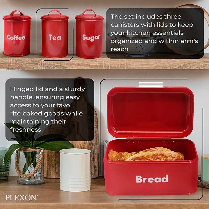 Plexon Bread Box for Kitchen Countertop, Bread Container with Coffee, Tea, Sugar Canisters, Metal 4-Piece Bread Box Set with Lids, Red - Image 3