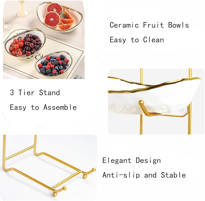 2-Tier Fruit Bowls for Kitchen Counter,Ceramic White Bowl with Gold Metal Stand,2 Tier Fruit Basket for Fruit,Snack,Cake,Nuts,Dessert Space Saving Storage - Image 3