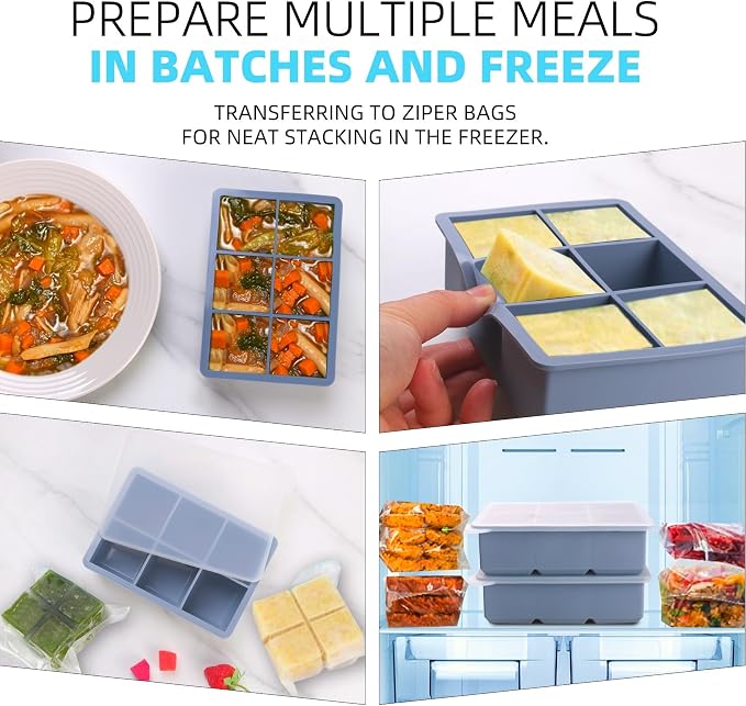 1/2 Cup Silicone Freezer Tray With Lid,Silicone Freezer Molds 3-Pack For meal prep & freezing of various sauces and other dishes, makes 18 perfect 1/2 cup portions cubes (Multicolor 3 Pack) - Image 6