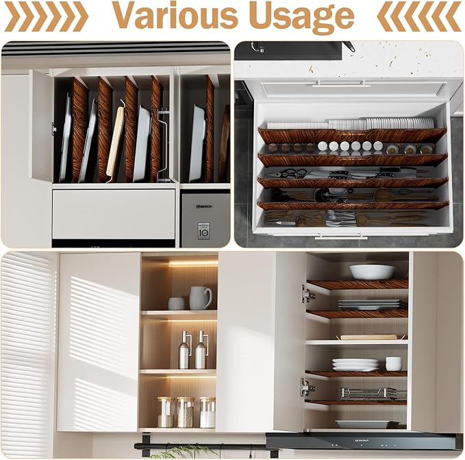 6 Set Trim-to-Fit Wood Tray Dividers for Cabinet, Cookie Sheet Organizer, Multi Layer Embedded Plug-in Board Storage, Cuttable DIY Storage Divider Insert for Kitchen Bedroom Cabinet Closet(Walnut) - Image 4