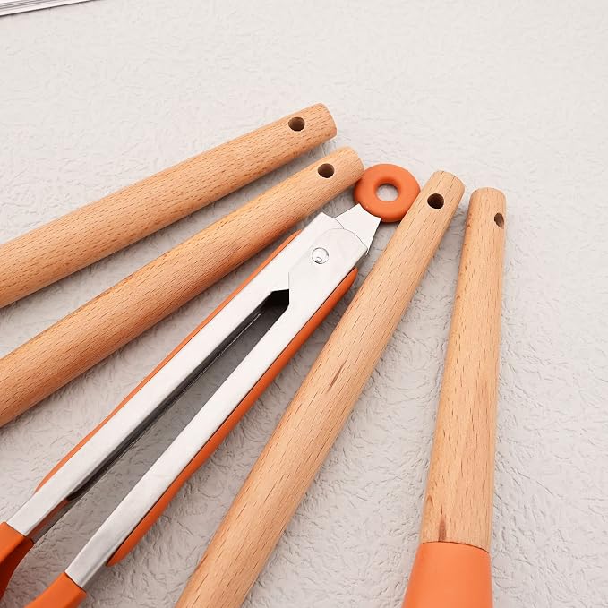 JASHII Orange Silicone Kitchen Utensils Set Orange Rubber Spatulas with Wooden Handle, Silicone Cooking Utensils with Holder, Heat Resistant for Nonstick Cookware - Image 7
