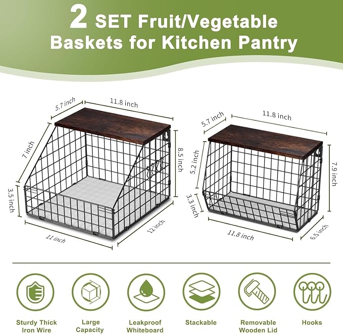 Fruit and Vegetable storage, 2 Set Wall Mounted Wire Baskets, Fruit Basket for Kitchen Counter, Hanging Fruit Basket, Potato Onion Basket, Wire Basket for Organizing, Countertop Organization Pantry - Image 3