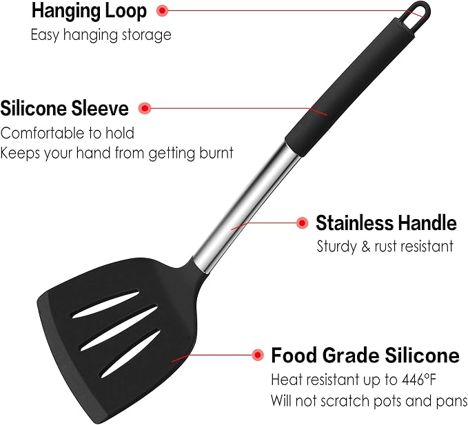 LIANYU 15-Piece Kitchen Cooking Utensils Set with Holder | Silicone Kitchen Tools Stainless Steel Handle, Slotted Spatula Spoon Turner Tong Whisk Brush for Cooking, Black - Image 3