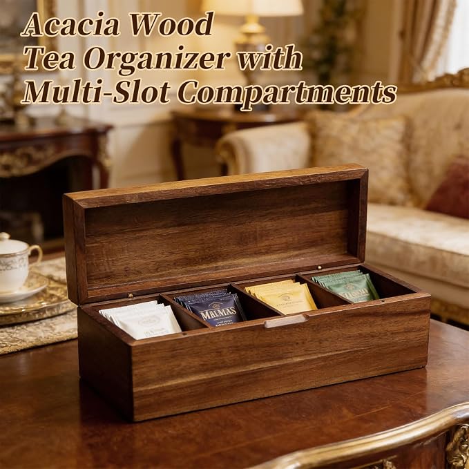 Acacia Wood Tea Bag Organizer with Compartments | Tea Packet Storage Boxes & Display Caddy, Multi-Slot Teabag Holder Container Chest, For Countertop, Organizador de Té - Image 4