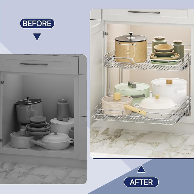 2-Tier Pull Out Cabinet Organizer, 22.5" W x 21.5" D, Heavy Duty Dual Slide Out Shelves for Wide Base Cabinets, Chrome Wire Basket Drawer for Pots, Pans, Pantry & Cleaning Supplies - Image 7