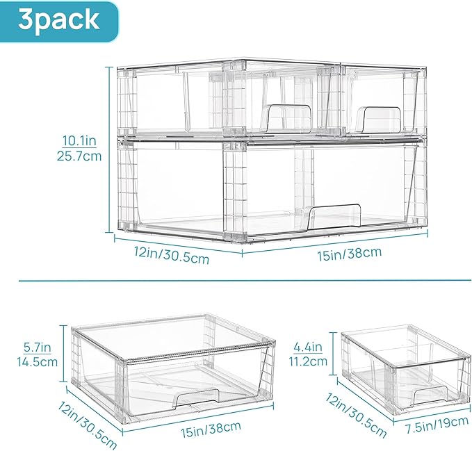Vtopmart Clear Stackable Storage Drawers, 3 Pack Wide Organizer Set | Wide and Small Pull-Out PET Drawers with Stackable Design for Bathroom Organization, Cabinets, Closets, Pantry and Medicine - Image 3