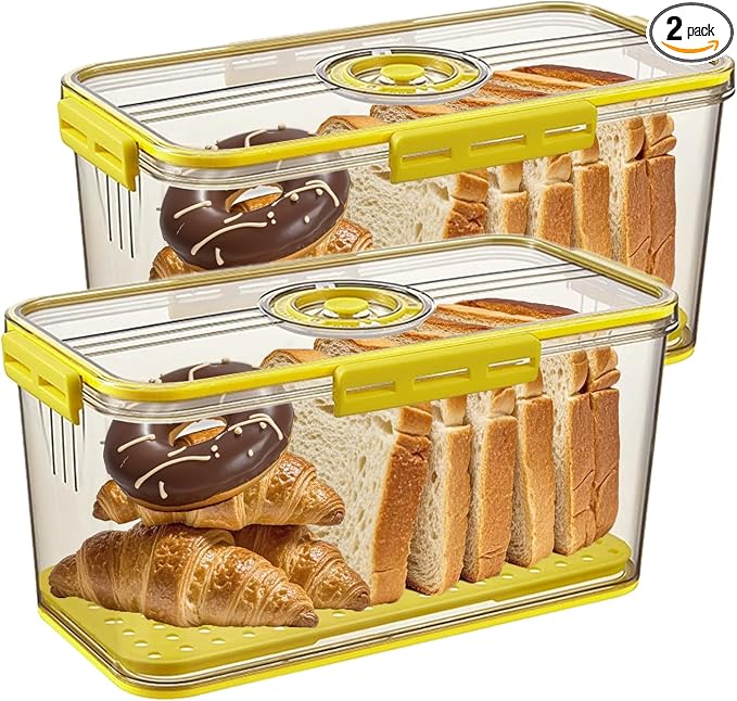 Airtight Bread Box for Kitchen Countertop, Yellow, 2 PCS | Time Recording Dial, Multi-Use Food Storage, Container with Lid, Draining Tray, For Homemade Bread, Sourdough, Toast, Cookies by Unknown