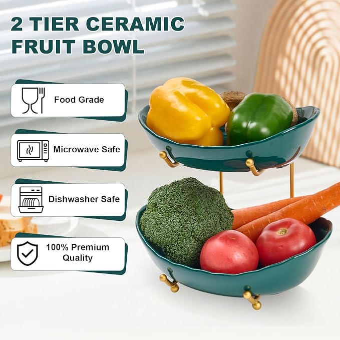 2 Tier Ceramic Fruit Bowl with Gold Metal Stand | Tiered Fruit Basket for Snacks, Nuts, Cake, Dessert (Dark Green) - Image 4