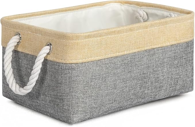 Decorative Basket Rectangular Fabric Storage Bin Organizer Basket with Handles for Clothes Storage (Gold&Grey, Medium-1Pack,13.8L*9.8W*6.7H) by TheWarmHome