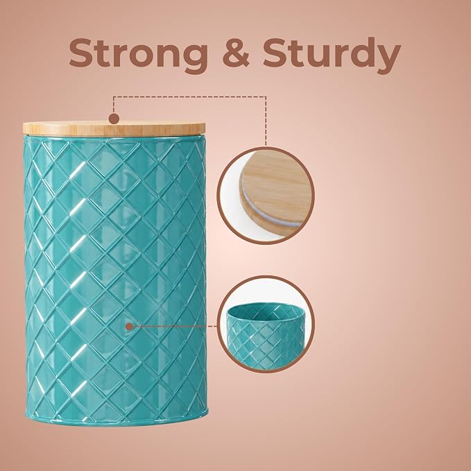 Pebble & Stem® Coastal Teal Metal Canister Set for the Kitchen with Measuring Spoon, Food Canister Set of 4, Airtight Lids, Sugar, Flour Containers, Coffee, Tea Storage, Farmhouse Decor - Image 4