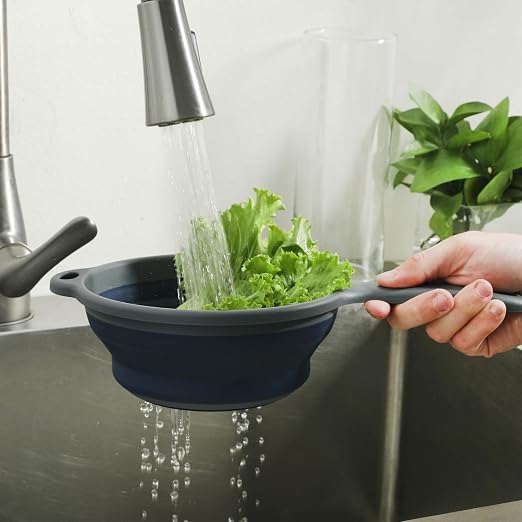 Oster Bluemarine Foldable Handled Strainer – 7-Inch Collapsible Colander for Pasta, Veggies, Fruits, Compact Kitchen Tool, Dishwasher Safe, Blue/Grey - Image 6