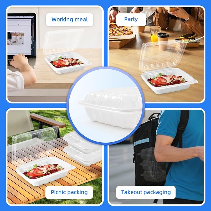 YANGRUI 25-Pack 34 oz 8" Hinged Takeout Box, Shrink-Wrapped No Pre-Wash | Anti-Fog Crystal Lid, Leakproof BPA-Free Square Container, Microwave Safe for Ramen, Salads, Asian & American To-Go Meals - Image 6