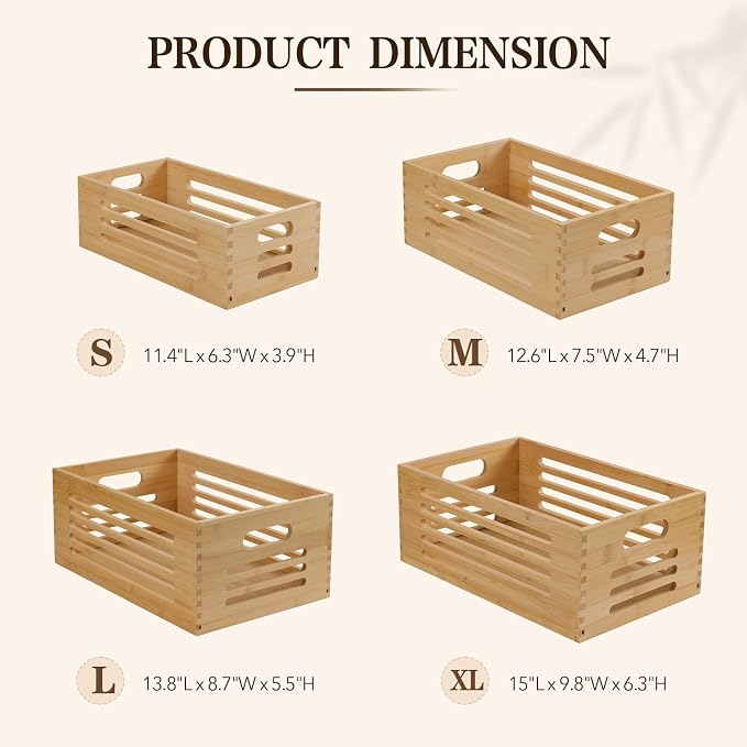 ANMINY Wood Storage Bins Crates, Nesting 4PCS, Sturdy Mortise-Tenon Joint | Natural Bamboo Boxes Bins with Built-in Handles, Sturdy Corner Joints, Hollow Stripe Design, Nestable for Pantry Shelf - Image 6