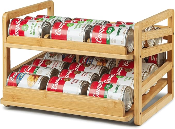 2 Tier Bamboo Rolling Can Rack Organizer for Pantry Up To 27 Cans | Stackable Canned Food Organizer Rack for Storage, Kitchen Cabinet, Can Holders Dispensers for Pantry by Aclema