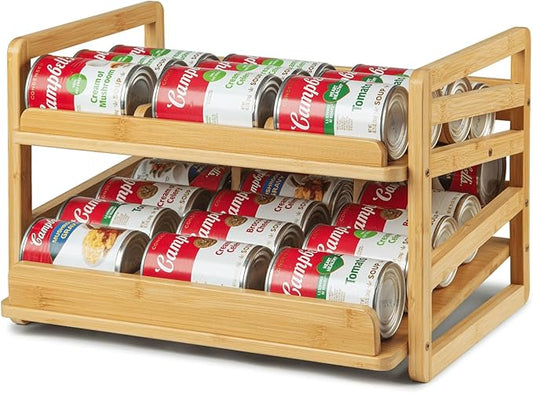 2 Tier Bamboo Rolling Can Rack Organizer for Pantry Up To 27 Cans | Stackable Canned Food Organizer Rack for Storage, Kitchen Cabinet, Can Holders Dispensers for Pantry by Aclema