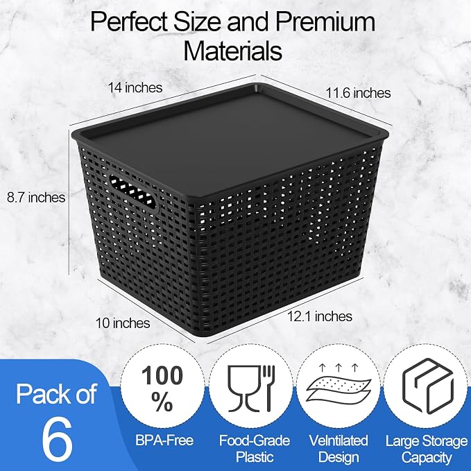 Plastic Organizing Basket with Lid, Woven Storage Basket Set of 6 | Black, Stackable - Image 3