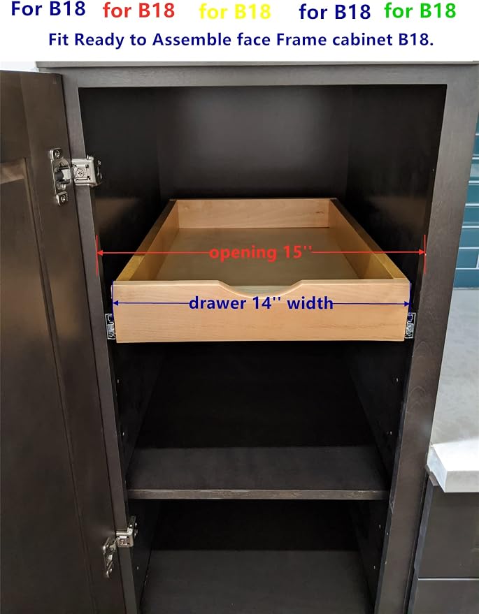 Elysian 14" Pull Out Kitchen Drawer for 18" Cabinets, Birch Solid Wood Storage Tray, 21"D x 3"H, Smooth Ball Bearing Glides, Sturdy Side Mount Design, Natural Finish - Image 2