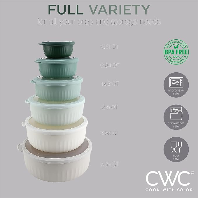 COOK WITH COLOR Prep Bowls with Lids- Wide and Deep Nesting Plastic Small Mixing Bowl Set with Lids, 12 Piece Set - Wide Bowls, Green - Image 3