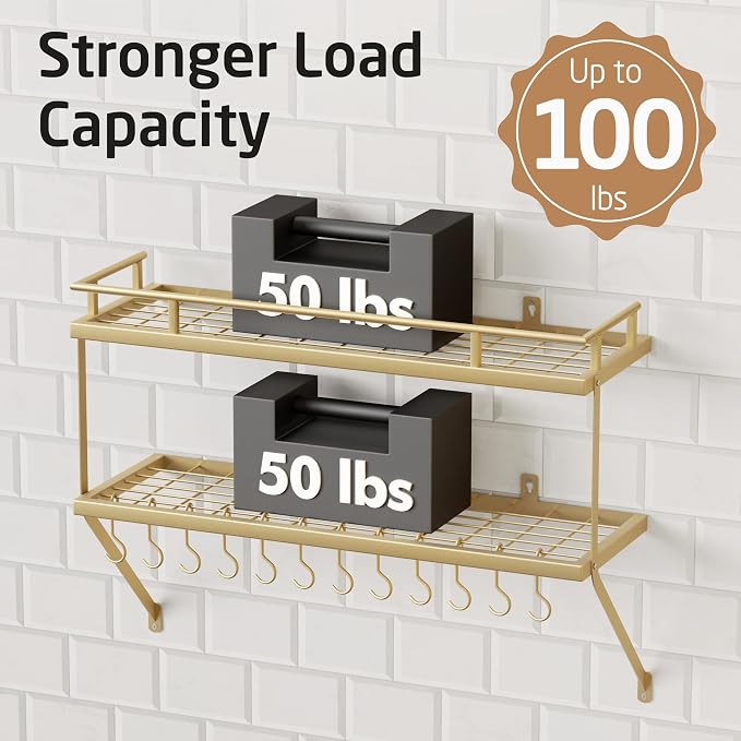 KES 30-Inch Gold Pot Rack Wall Mount, 2-Tier Hanging Pot and Pan Organizer | Organizer with 12 Sturdy Hooks, Elegant Modern Kitchen Wall Hanger Shelves, KUR215S75B-GD - Image 3