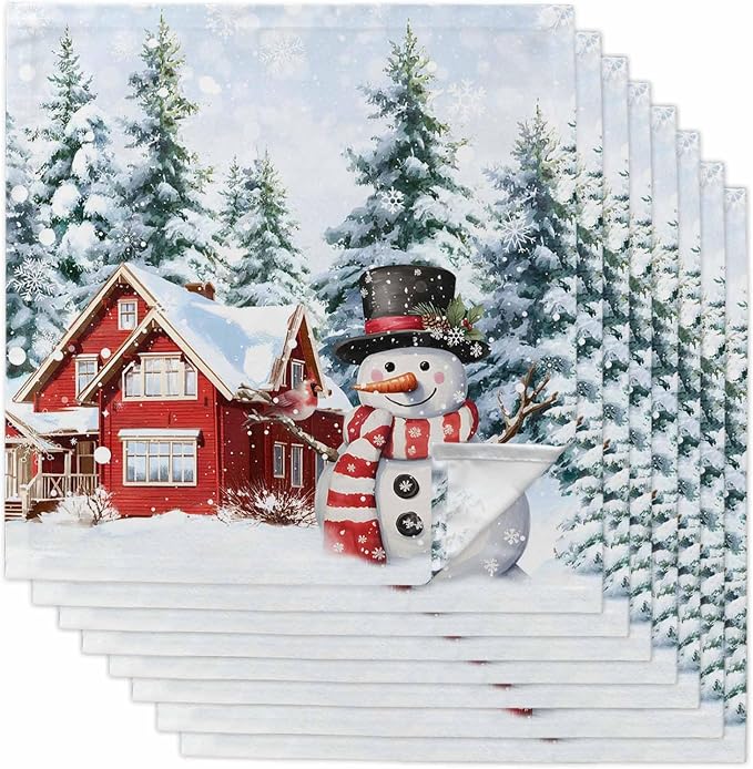 Christmas Snowman Cloth Napkins Set of 8, Farmhouse Xmas Tree Winter Snowflake Dinner Napkins Cloth Washable, Cocktail Napkins Reusable for Wedding, Party, Birthday (20"x20") by Unknown