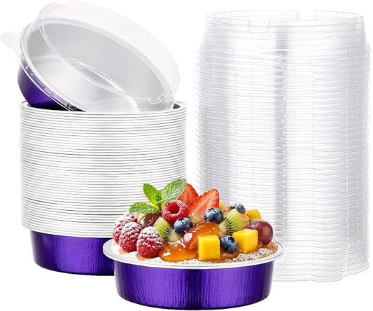 Beasea 4 Inch Pie Tins with Lids, 50 Pack 7.3 Oz Disposable Mini Tart Tins, Aluminum Foil Baking Tins Small Round Muffin Container Mini Cheesecake Cups for Pie Tart Quiche - Violet Purple by Beasea