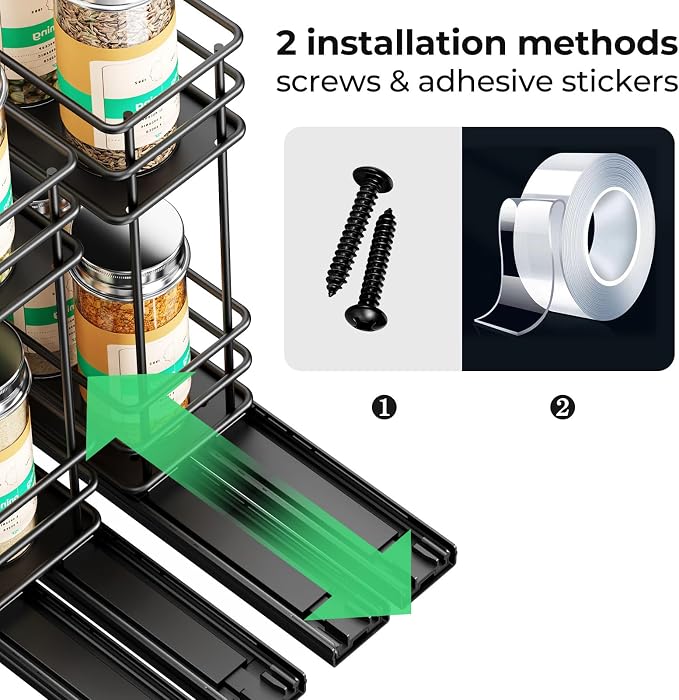 Mystozer Pull Out Spice Rack Organizer for Cabinet, Slide Out Spice Racks, Easy to Install Spice Cabinet Organizers, 5.2" Wx10.43 Dx8.26 H, 2 Packs 2 Tiers(Black) - Image 5