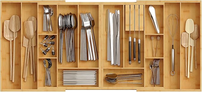 HOOBRO Large Silverware Organizer Kitchen Drawer Organizer, Magnetic Connected Expandable Utensil Organizer From 22.8 to 35.4 Inches, Bamboo 16 Slots Cutlery Tray with Knife Holder, Natural YL07TL01 by HOOBRO