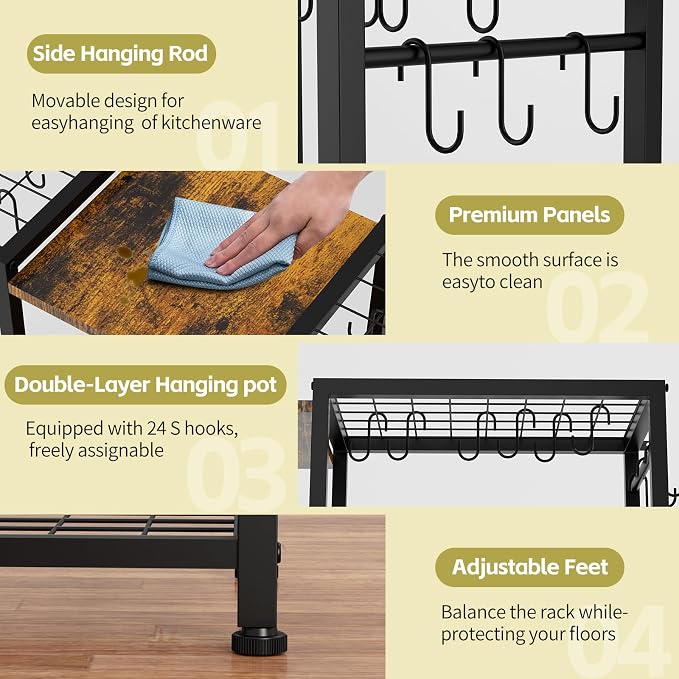 Pot Rack —Expandable Pot and Pan Organizer Rack, Freestanding Kitchen Pot and Pan Rack Storage Stand, Vertical Pan & Lid Hanging, Rustic Wood Top for Kitchen Storage & Organization - Image 3