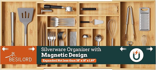 Silverware Organizer Large, Magnetic Connected Expandable 13 Slots Silverware Drawer Organizer From 21 to 37.4 Inches, Adjustable Flatware and Cutlery Holder, Bamboo Utensil Tray for Kitchen Natural by Besilord