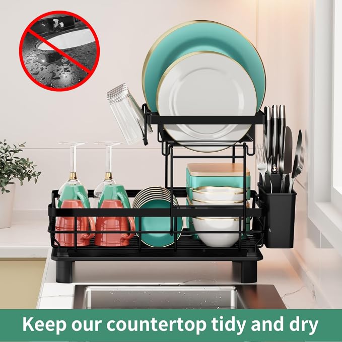 MOUKABAL 2 Tier Dish Drying Rack with Drainboard for Kitchen Counter, Black | 13×17 Large Capacity/Rustproof Stainless Steel/Fast Drainage Dish Drainer/Removable Utensil Holder/Kitchen Counter Organizer - Image 8