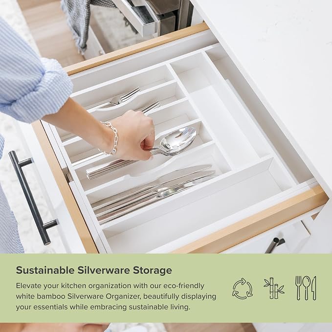 Silverware & Utensil Drawer Organizer, 14.5-25 in, White Bamboo | Cutlery, flatware, food-safe contract grade, kitchen drawer fit - Image 4