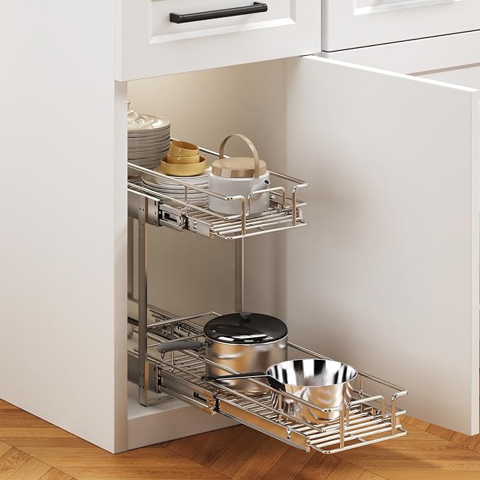 2 Tier Individual Pull Out Cabinet Organizer 9" W x 21½" D, Heavy Duty Cabinet Pull Out Shelves, Slide Out Drawers Organization for Kitchen Cabinets Bathroom - Image 5